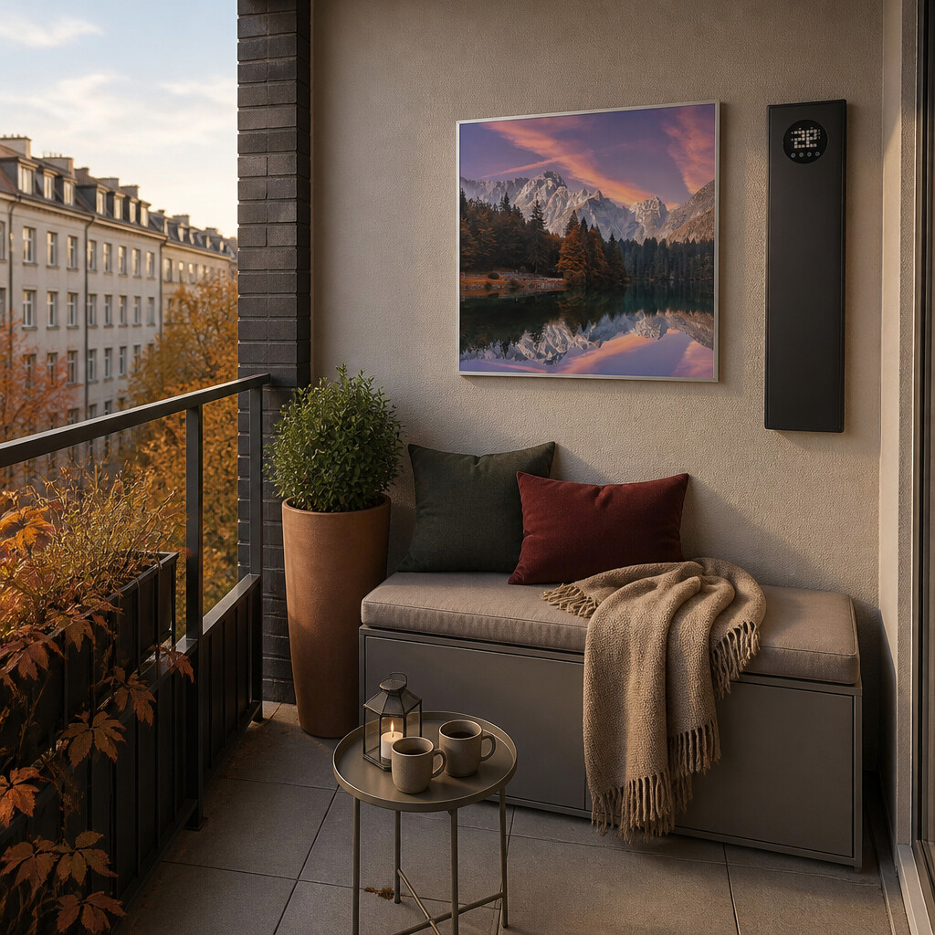 Mali gradski balkon u jesen, s uskom klupom sa zatvorenim spremištem uz bočni zid, toplim neutralnim tekstilom, malim okruglim stolićem i visokom teglom na slobodnom kraju.